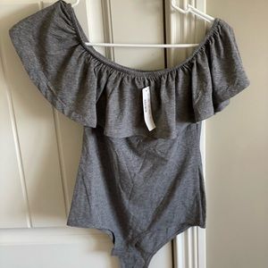 J.Crew OFF-THE-SHOULDER RUFFLE BODYSUIT Heather Pewter NWT